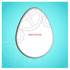 White Easter Egg on blue background with metal gears or cogwheels. Red Happy Easter greeting text. Industrial or engineering paper-cut style vector design