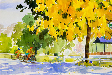Painting watercolor landscape yellow orange color of golden tree flowers.