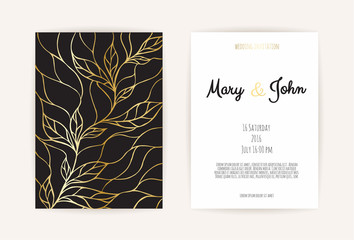 Vintage wedding invitation templates. Cover design with gold leaves ornaments.