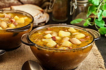 White bean soup with potatoes and bacon