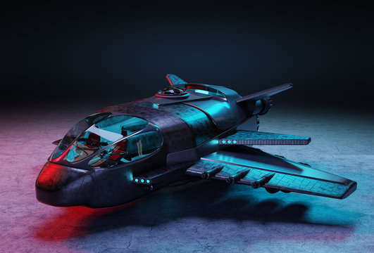 Futuristic spacecraft isolated on dark background 3D rendering