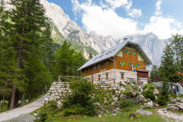 Aljaz Lodge or Aljazev dom in Vrata Valley, mountain hut that lies near the stream Triglav Bistrica...