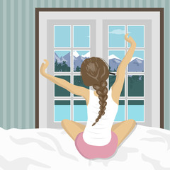 Woman stretching in bed after wake up. Concept for holidays and vacations. Summer mountain scenery. Flat vector illustration