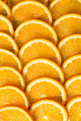 Bright orange background from slices of juicy Orange. Healthy food, background.