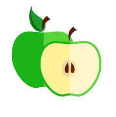 Two apples: one whole and half with seeds inside. Flat vector illustration