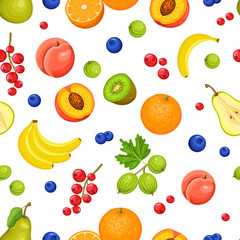 Vector seamless pattern with fruits and berries on white background. Colorful illustration.