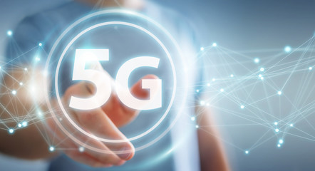Businessman using 5G network interface 3D rendering