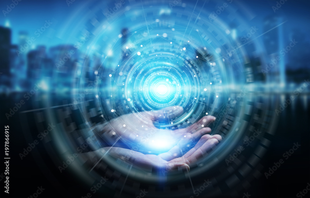 Wall mural businesswoman using digital network connection interface 3d rendering