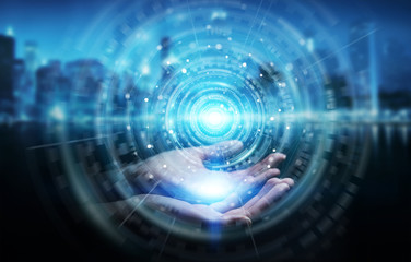 Businesswoman using digital network connection interface 3D rendering