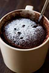 Microwave Brownie Chocolate Mug Cake with Powder Sugar on Dark Wooden Surface.