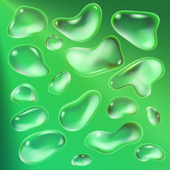 Realistic drops of a rain on a green background in the form of glass. Abstract set. Vector illustration.