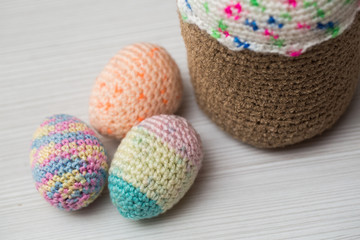 Knitted Easter eggs, chicken, rooster.