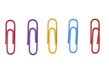 Set of different paper clips on white background