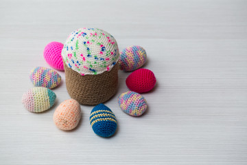 Knitted Easter eggs, chicken, rooster.