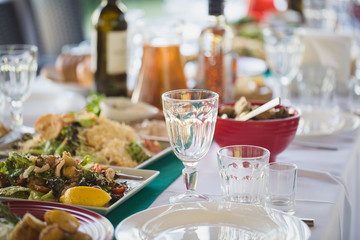 Banquet wedding table setting on evening reception waiting guests