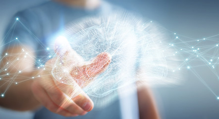 Businessman using digital x-ray human brain interface 3D rendering