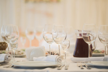Beautiful wine and champagne glasses in the restaurant.