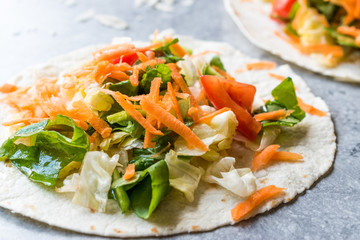 Homemade Vegetarian Tostadas with Salad and Polished Carrot Slices