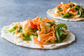 Homemade Vegetarian Tostadas with Salad and Polished Carrot Slices