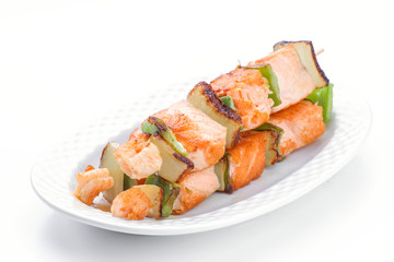 grilled salmon skewers in white font, isolated on white