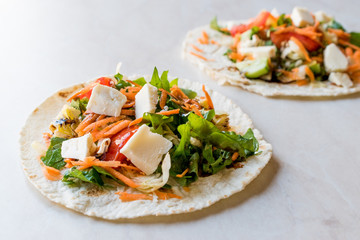 Homemade Vegetarian Tostadas with Salad, Cheese and Grated Carrot Slices