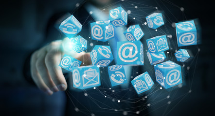 Businessman using floating cube contact 3D rendering