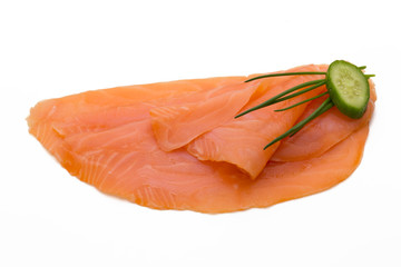 Fresh salmon slice and spice on the white background.