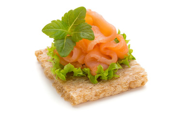 Bread with fresh salmon fillet isolated on white background, top view.