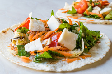 Homemade Vegetarian Tostadas with Salad, Cheese and Grated Carrot Slices
