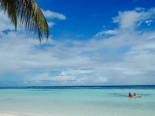 Fototapeta na wymiar Idyllic white beach with palm trees and people kayaking