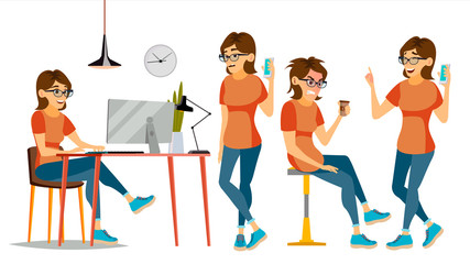 Business Woman Character Vector. Female In Different Poses. Clerk In Office Clothes. Designer, Manager. Cartoon Illustration