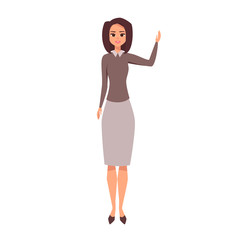 Cartoon business white woman character. Smiling girl presenting something with a raised hand. Young  business woman wearing with suit.Vector illustration isolated from white