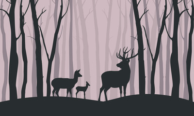 Silhouettes of deer. Three deer among the trees and hills on a beige background. Vector illustration.