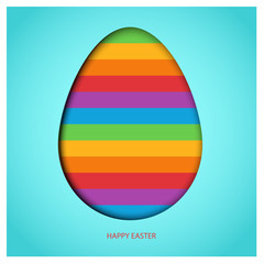 Cut out of paper Easter Egg on sky-blue background with colorful spring rainbow horizontal lines. Red Happy Easter greeting text. Bright vector design in paper-cut style