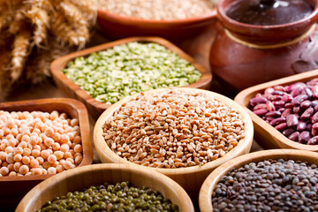various cereals, seeds, beans and grains