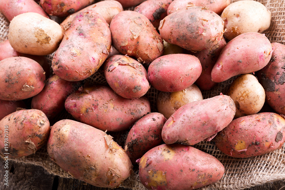 Wall mural fresh potatoes on a wooden table