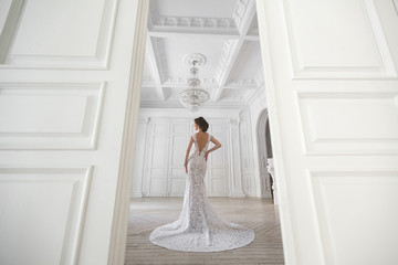 Beautiful bride posing in wedding dress in a white photo Studio. Mirror. Sofa. Bouquet. The door....