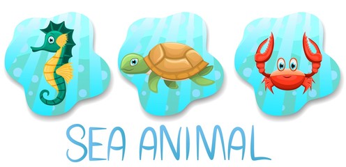 Set of underwater animals.Seahorse,turtle and crab on blue water background. Sea and ocean fauna. Vector illustration © ArtAdi