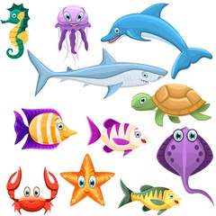 Set of underwater animals. Dolphin, shark, turtle, crab,star, jellyfish,seahorse,fishes. Sea and ocean fauna. Vector illustration.