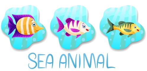 Set of underwater animals.Fish set coloured on blue water background. Sea and ocean fauna.Vector illustration.
