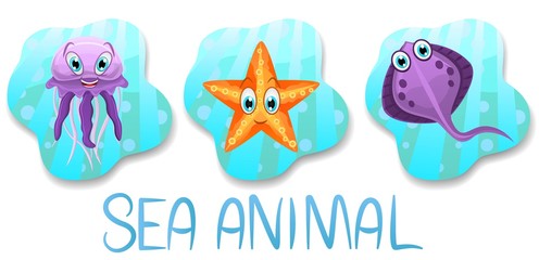 Set of underwater animals.Jellyfish,star on blue water background. Sea and ocean fauna. Vector illustration.