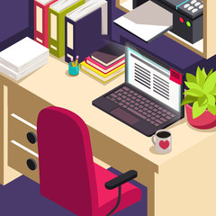 Workplace office work Objects on table Isometric concept of workspace with computer and office equipment