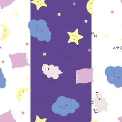 Cute seamless pattern with moon (crescent) and stars, pillow, sheep and clouds on white and purple background. Can be used for textile, fashion print design, babies pajamas.