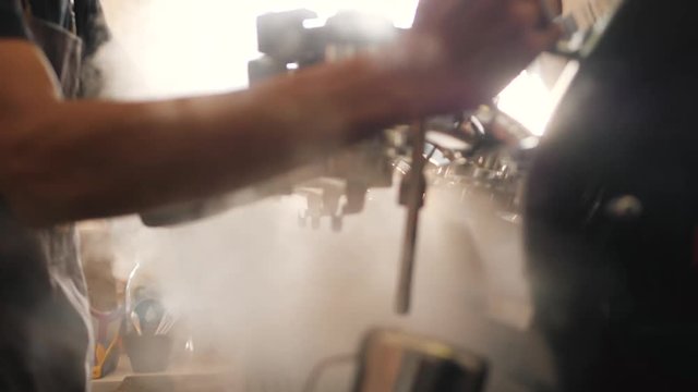 Blast of Steam on Professonal Coffee Machine. Barista Working in Coffeeshop. 4K, Slowmotion.