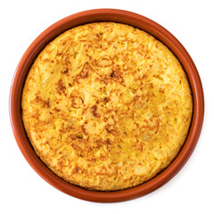Spanish tortilla isolated on white background, top view. Traditional spanish omelette .