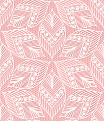 Seamless lace pattern made of abstarct ethnic ornamental leaves on pink background