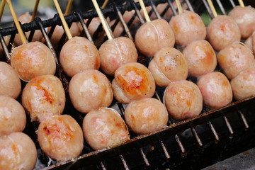 Deep fried sausages of fermented pork and glutinous rice northeastern Sai Krok Isaan Thai food