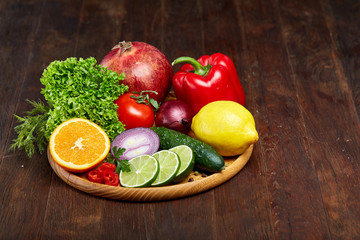 Bowl with oatmeal flakes served with fruits on wooden tray wooden background, flat lay, selective focus