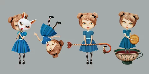 Afwasbaar Fotobehang Pop art Set van stripfiguur in verhaal Wonderland met meisje