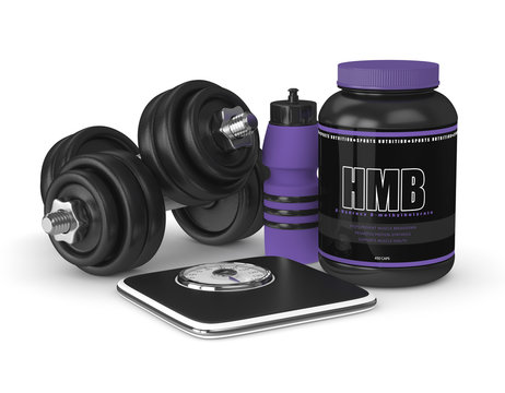 3d render of HMB container with gym tools